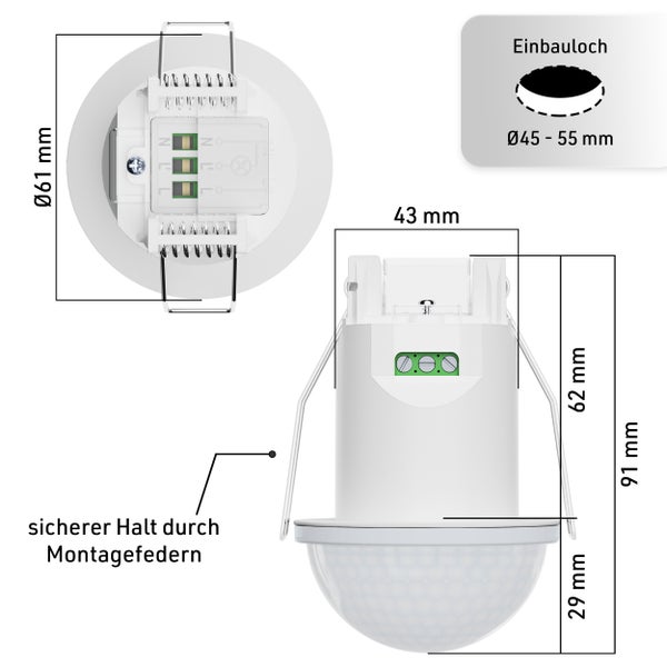 Abmessungen des Bewegungsmelders für den Deckeneinbau