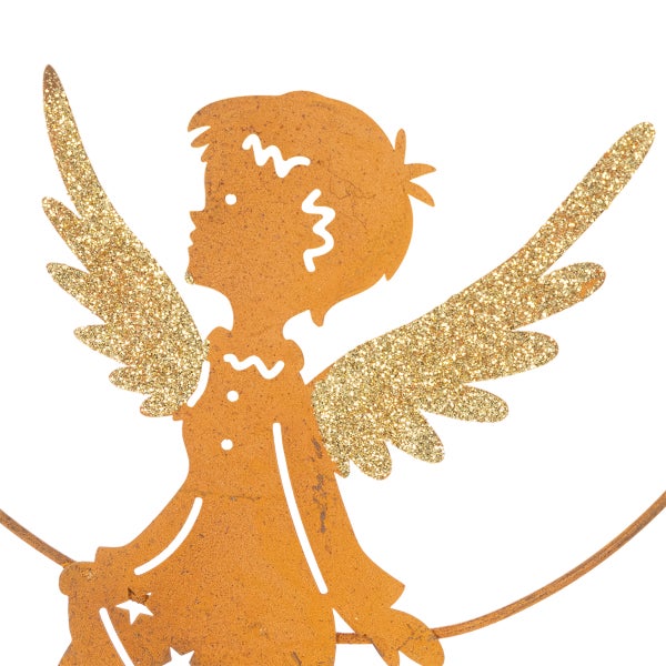 Dekorationsfigur Engel aus Metall in Edelrostoptik mit glitzernden Flügeln und Sternaussparung.