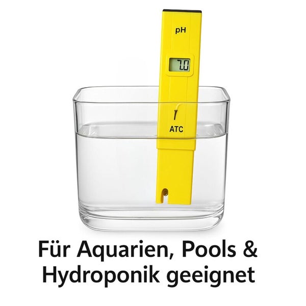 Gelbes pH-Messgerät in einem mit Wasser gefüllten Glas