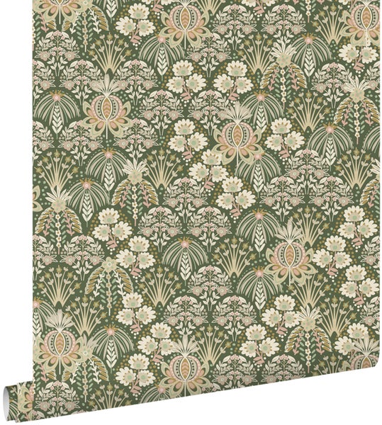 ESTAhome Tapete Blumenmuster im Jugendstil Dunkelgrün - 50 x 900 cm - 130972