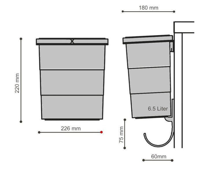 Maßzeichnung eines Abfallbehälters mit 6,5 Liter Fassungsvermögen, Höhe 220 Millimeter, Breite 226 Millimeter und Tiefe 180 Millimeter.