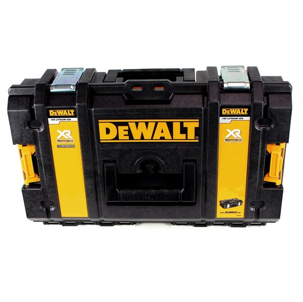 DeWALT Werkzeugbox mit DeWALT Logo, Metallschließen und Tragegriff.