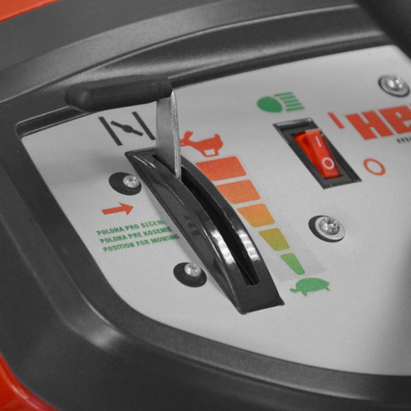 Nahaufnahme des Einstellhebels und des Schalters eines Rasenmähers.