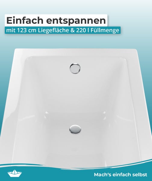 Weiße rechteckige Badewanne mit 123 Zentimeter Liegefläche und 220 Liter Füllmenge.
