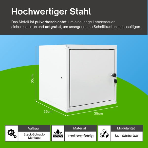 Würfelförmiger Metallschrank aus Stahl, Maße 35 mal 35 mal 35 Zentimeter, pulverbeschichtet, rostbeständig, abschließbar und modular kombinierbar.