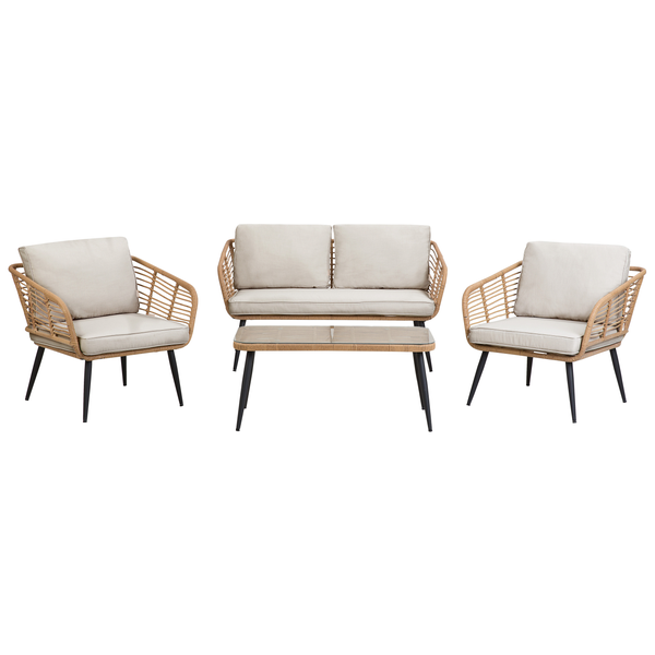 Gartenmöbelset mit zwei Stühlen, einem Sofa und einem Tisch für den Außenbereich