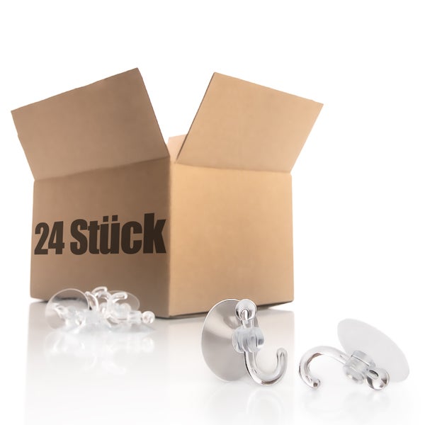 24 transparente Saugnapfhaken vor einem offenen Karton.