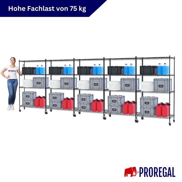 Schwarzes Drahtgitterregal auf Rollen von PROREGAL mit einer Fachlast von 75 Kilogramm, beladen mit Boxen und Kanistern. PROREGAL Logo.