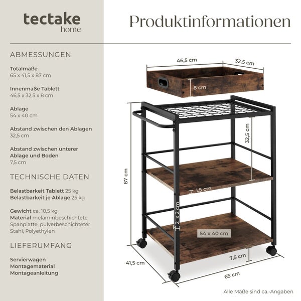 Produktinformationen zum Servierwagen mit Rollen, drei Ablagen und einem Tablett