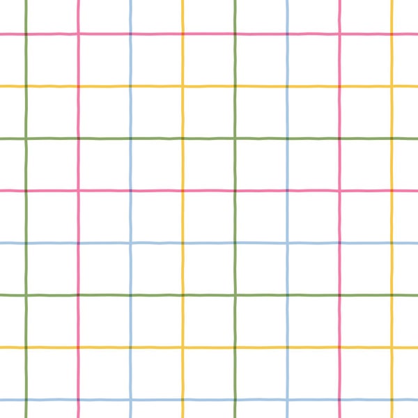 Tapete mit handgezeichnetem Karomuster aus dünnen Linien in Rosa, Blau, Gelb und Grün.