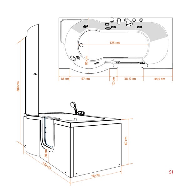 Installationsschema eines Badezimmers mit Badewanne, Duschwand und den Maßen 23 cm, 38 cm, 40 cm, 85 cm und 105 cm.