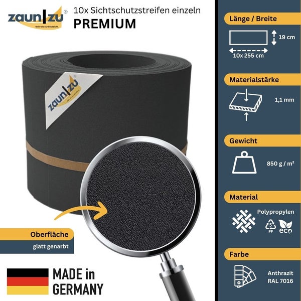 Zaunstreifen Sichtschutz Anthrazit, 10 Stück, Material Polypropylen