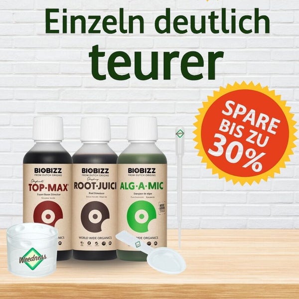 Biobizz Pflanzendünger-Set mit Top-Max, Root-Juice, Alg-A-Mic, Weedness Messbecher, Dosierlöffel und Pipette. Ersparnis bis zu 30 Prozent.