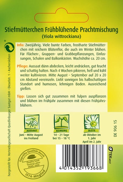 Rückseite der Saatgutpackung Stiefmütterchen mit Infos zu Aussaat, Keimung, Blüte, Pflege, Gütesiegeln und TEKWEST Logo.