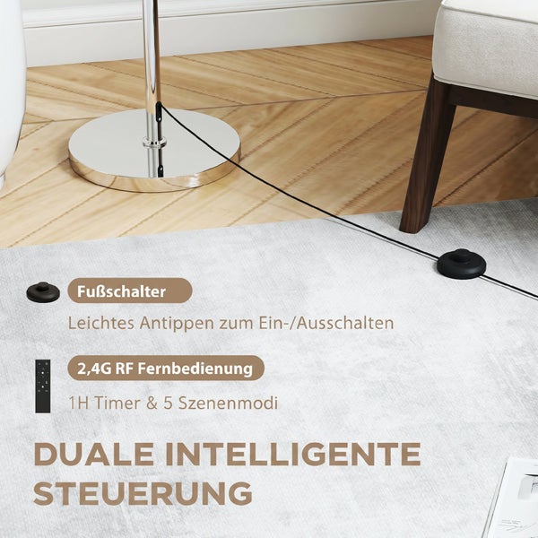 Stehleuchte mit dualer intelligenter Steuerung durch Fußschalter und Fernbedienung mit Timer und Szenenmodi.