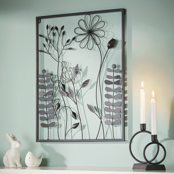 FRANK FLECHTWAREN | Bild Black Flowers, METALL, 43,5 x 2,5 x 58 cm