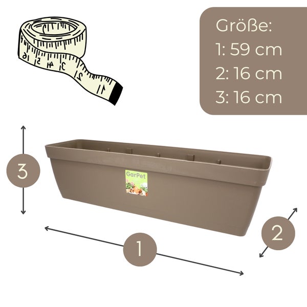Abbildung der Maße eines Blumenkastens: Länge 59 cm, Breite 16 cm, Höhe 16 cm.