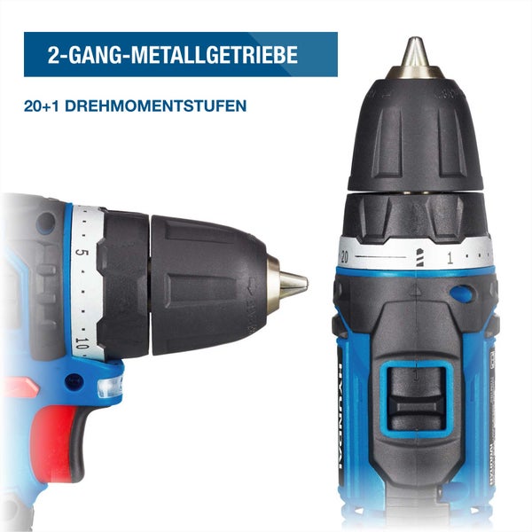 Akkuschrauber mit 2 Gang Metallgetriebe und 20 plus 1 Drehmomentstufen zur präzisen Einstellung der Bohr und Schraubkraft.