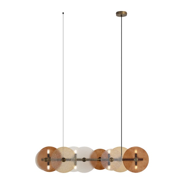 Moderne Pendelleuchte mit linearem Metallgestell und mehreren runden, strukturierten Glasdiffusoren als Wohnzimmerbeleuchtung.