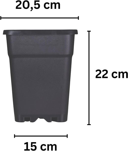 Quadratischer anthrazitfarbener Blumentopf mit den Maßen: oben 20,5 Zentimeter, Höhe 22 Zentimeter und unten 15 Zentimeter.