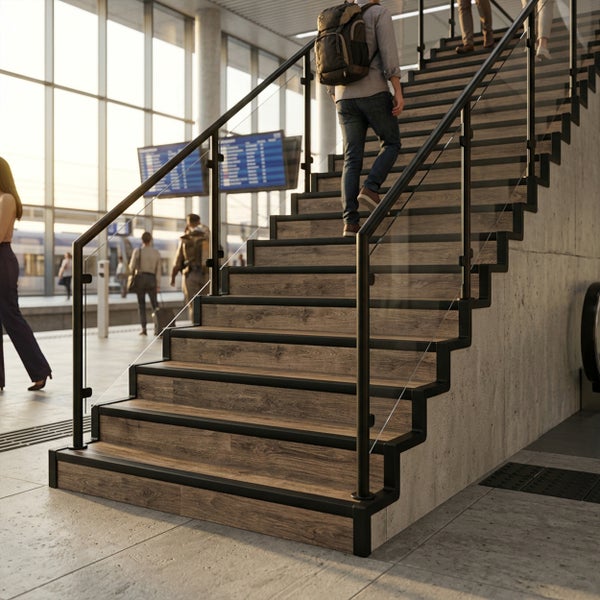 Moderne Treppe mit Stufen in Holzoptik und schwarzem Metallgeländer mit Glaseinsätzen in einer hellen Bahnhofshalle.