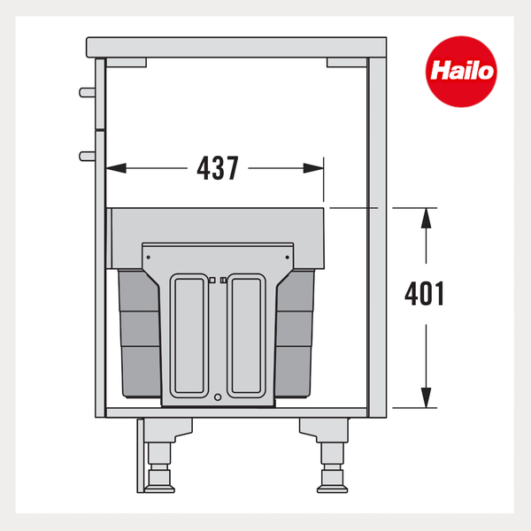 Maßzeichnung eines Hailo Abfalltrennsystems im Schrank mit den Maßen 437 Millimeter und 401 Millimeter sowie Hailo Logo.