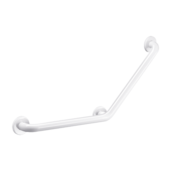 Abgewinkelter Wandhaltegriff in Weiß für das Badezimmer mit drei Befestigungspunkten.