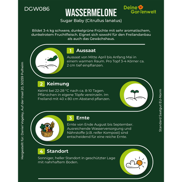 Deine Gartenwelt Logo. Infografik mit Anweisungen zu Aussaat, Keimung, Ernte und Standort der Wassermelone Sugar Baby.