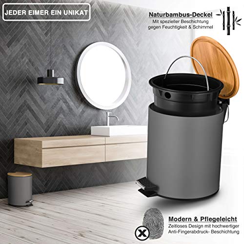 VMbathrooms 5L Kosmetikeimer in edlem grauem Design | Tretmülleimer mit Absenkautomatik (Soft Close) | Eleganter Eimer fürs Bad mit Innenbehälter und Bambus-Holzdeckel