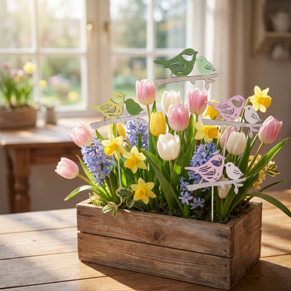 Ostergesteck mit Frühlingsblumen und hölzernen Vogelsteckern in einer rustikalen Holzkiste als Tischdekoration.