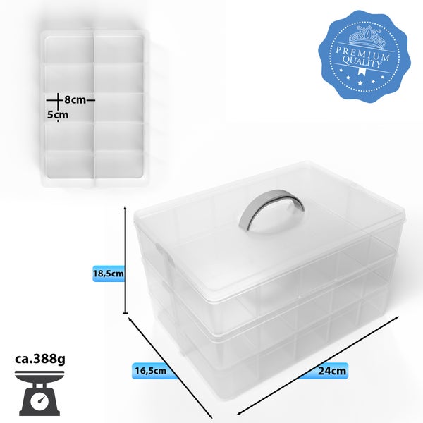 BigDean Sortierbox Aufbewahrung mit Griff, Transparent, 24 x 18,5 x 16 cm, 3 Etagen m. 21 Fächern,für Spielzeug,Büro-Utensilien,Bastel-Material,Kleinteile