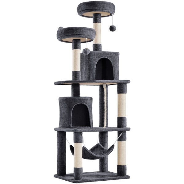 Grauer Katzenkratzbaum mit mehreren Ebenen, Höhlen, Plattformen und Hängematte
