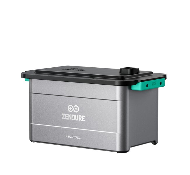 Zendure Zusatzakku AB2000L für Balkonkraftwerk, Lithium-Eisenphosphat-Batterie, rechteckiges Metallgehäuse mit Tragegriffen.