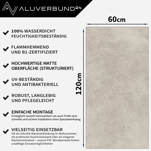 PVC Wandpaneel 60 mal 120 Zentimeter mit Betonoptik, wasserdicht, feuchtigkeitsbeständig und schwer entflammbar für Bad oder Küche.