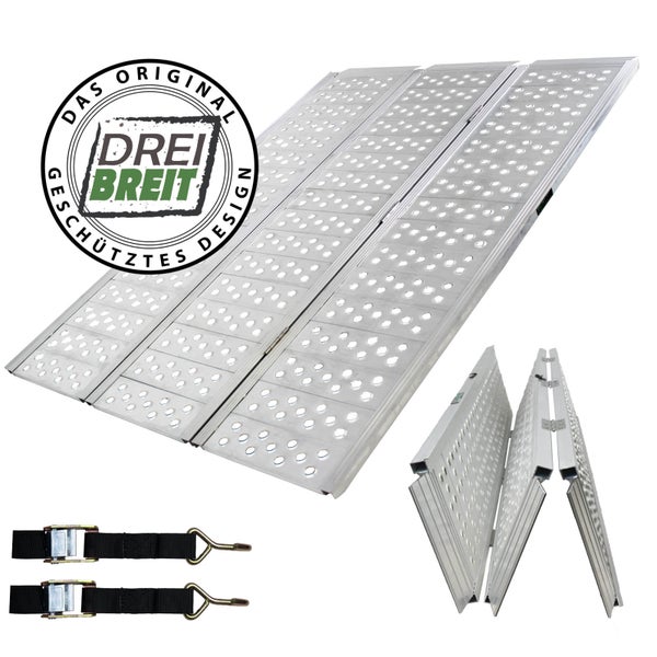 Motorradrampe aus Aluminium mit Spanngurten und Drei Breit Logo