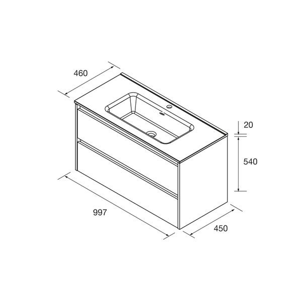 Maßzeichnung eines Waschtischunterschranks mit zwei Schubladen und integriertem Waschbecken inklusive Maßangaben.