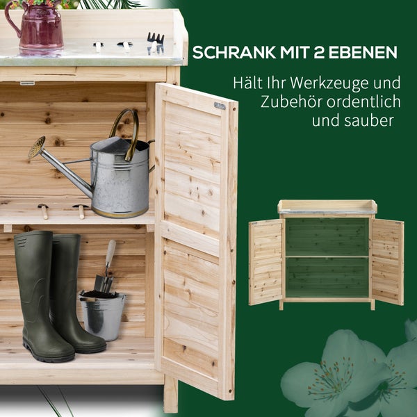 Gartenschrank aus Holz mit zwei Ebenen zur Aufbewahrung von Gartengeräten und Zubehör.