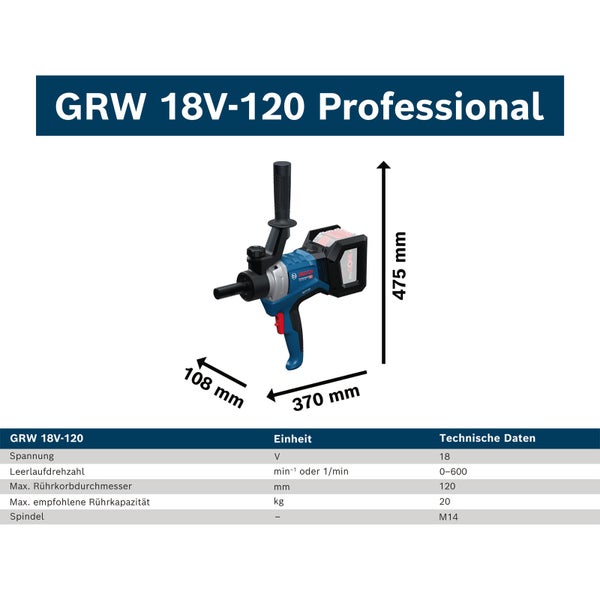 Bosch GRW 18V-120 Professional Akku-Mörtelrührer mit Maßangaben