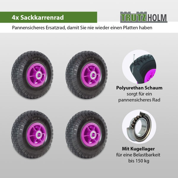 Vier pannensichere Sackkarrenraeder von Trutzholm mit Polyurethan Schaumfuellung und Kugellager fuer bis zu 150 Kilogramm Belastbarkeit.