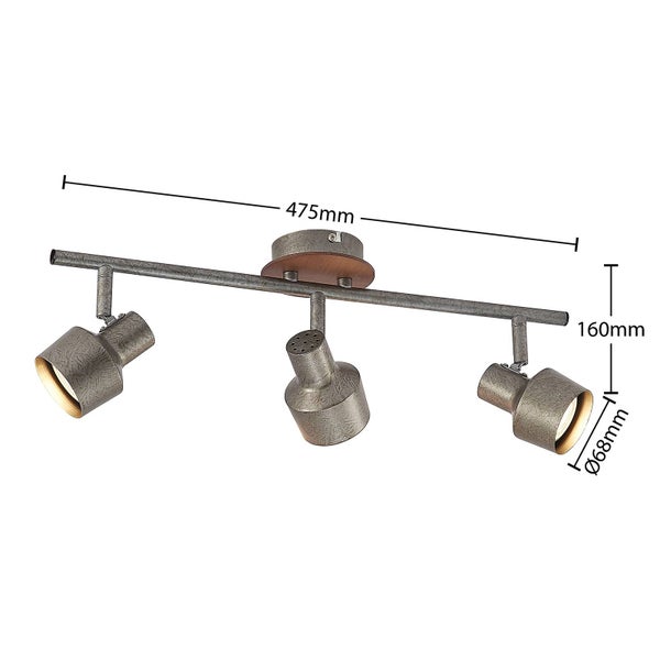 Dreiflammige Deckenleuchte im Industrie-Stil aus Metall und Holz. Länge 475 Millimeter, Höhe 160 Millimeter, Strahler-Durchmesser 68 Millimeter.