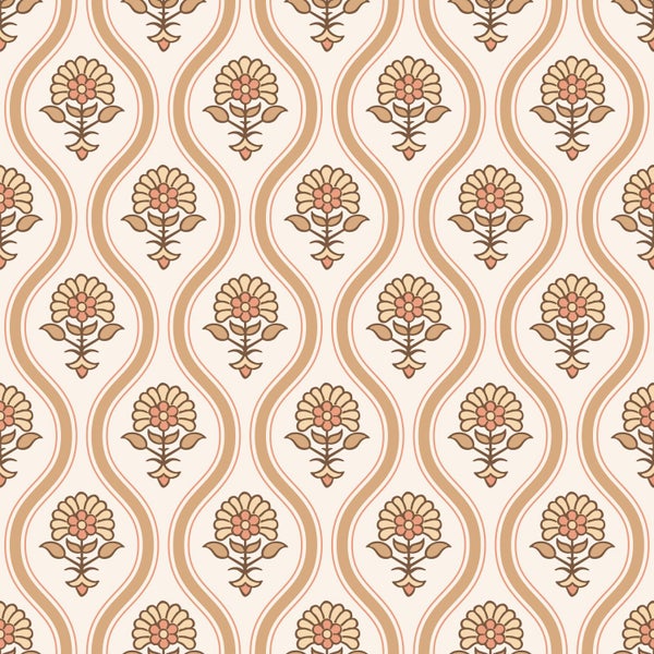 Dekorative Tapete mit floralem Muster und gewellten Linien