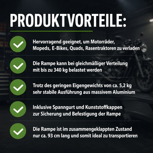 Infografik Produktvorteile stabile Auffahrrampe aus Aluminium: Belastbar bis 340 Kilogramm, Gewicht circa 5,2 Kilogramm, klappbar auf 93 Zentimeter.