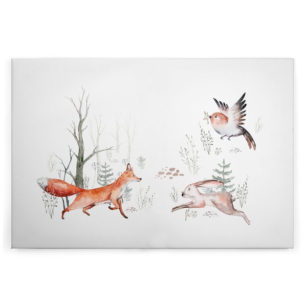 Wandbild mit Aquarellillustration von Fuchs, Hase und Vogel in einer Waldlandschaft für das Kinderzimmer.