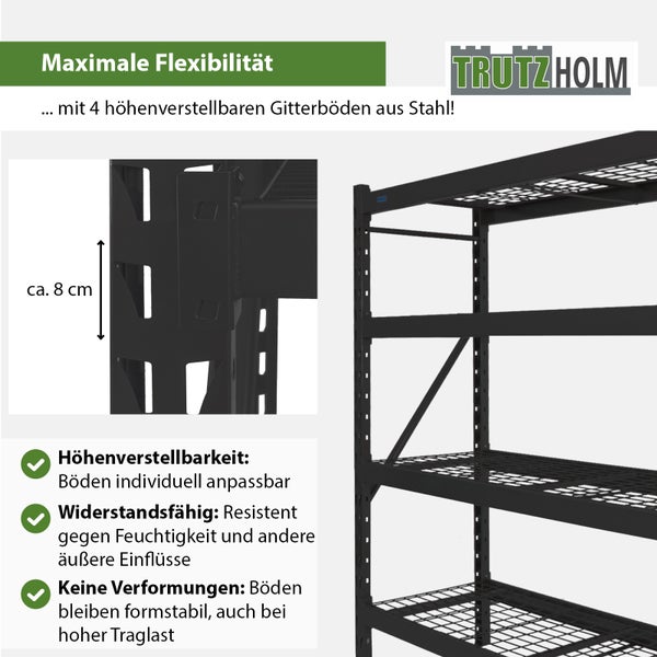 Detailaufnahme eines schwarzen Stahlregals mit verstellbaren Gitterböden von Trutzholm. Maximale Flexibilität durch Höhenverstellbarkeit.