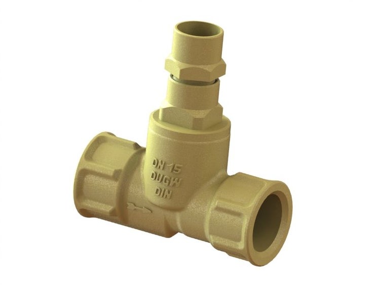 T-Stück aus Messing für Sanitärinstallationen, Nennweite 15, mit DVGW- und DIN-Zertifizierung.