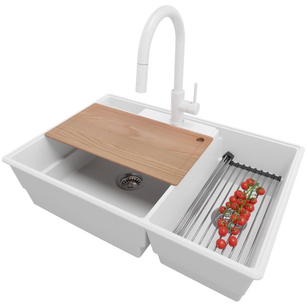 PRIMAGRAN Granitspüle Weiß 78x53cm, Spülbecken 2 Becken + Küchenarmatur 40x20cm + Ablauf-Set + Küchenzubehörset, Küchenspüle ab 80er Unterschrank - Paris