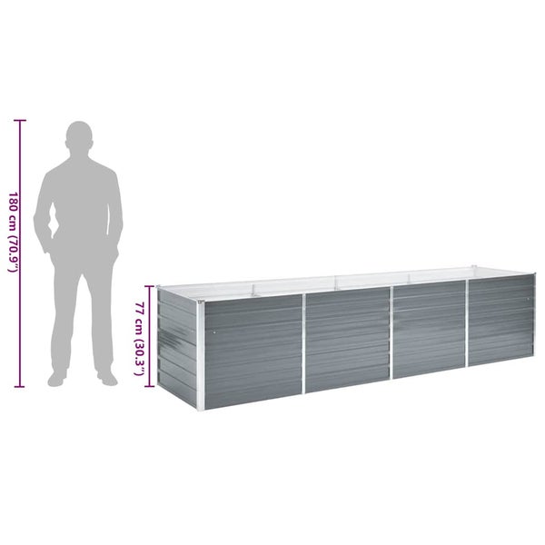 Langes rechteckiges Hochbeet aus Wellblechpaneelen, Höhe 77 Zentimeter, im Vergleich zu einer 180 Zentimeter großen Person dargestellt.