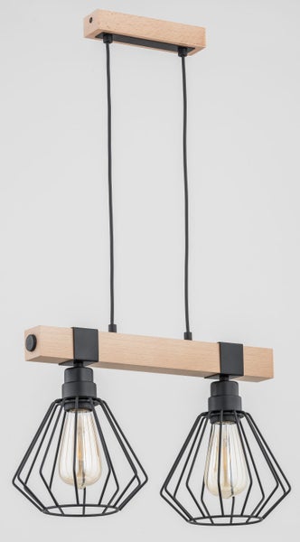 Moderne Pendelleuchte aus Holz mit zwei schwarzen Gitterkäfigschirmen und zwei Leuchtmitteln.