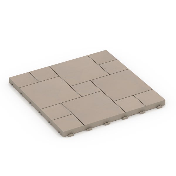 Beige Klickfliese für Terrasse oder Balkon mit Steinmuster und sichtbarem Stecksystem.