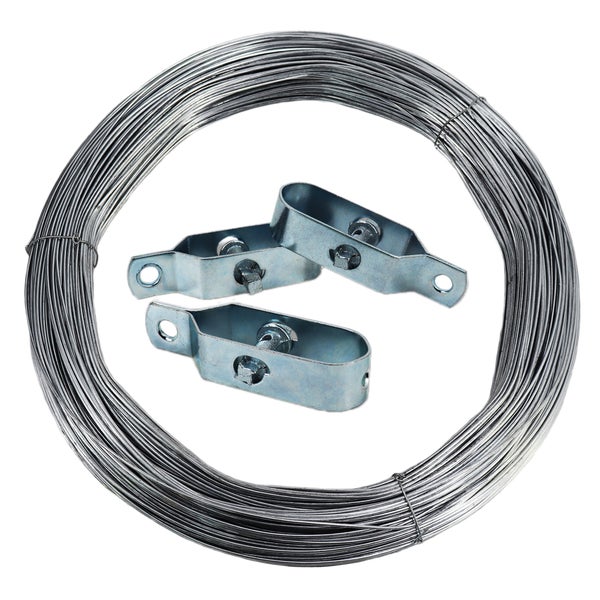 Zaunspanndraht und drei Drahtspanner aus verzinktem Stahl.